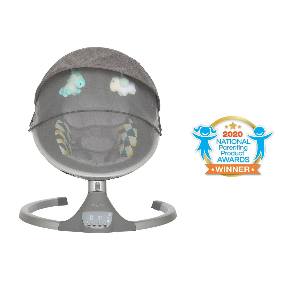 Dream On Me Zazu Baby Swing. Baby Swing for Infant. 5 - Swinging Speed. Two Attached Toys. Bluetooth Enabled and Remote Control. Grey and Blue