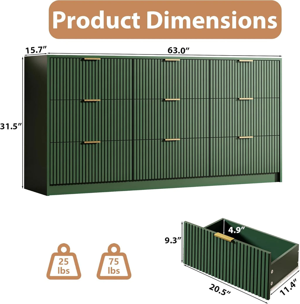 Furniway Fluted Large 9-Drawer Black Dresser