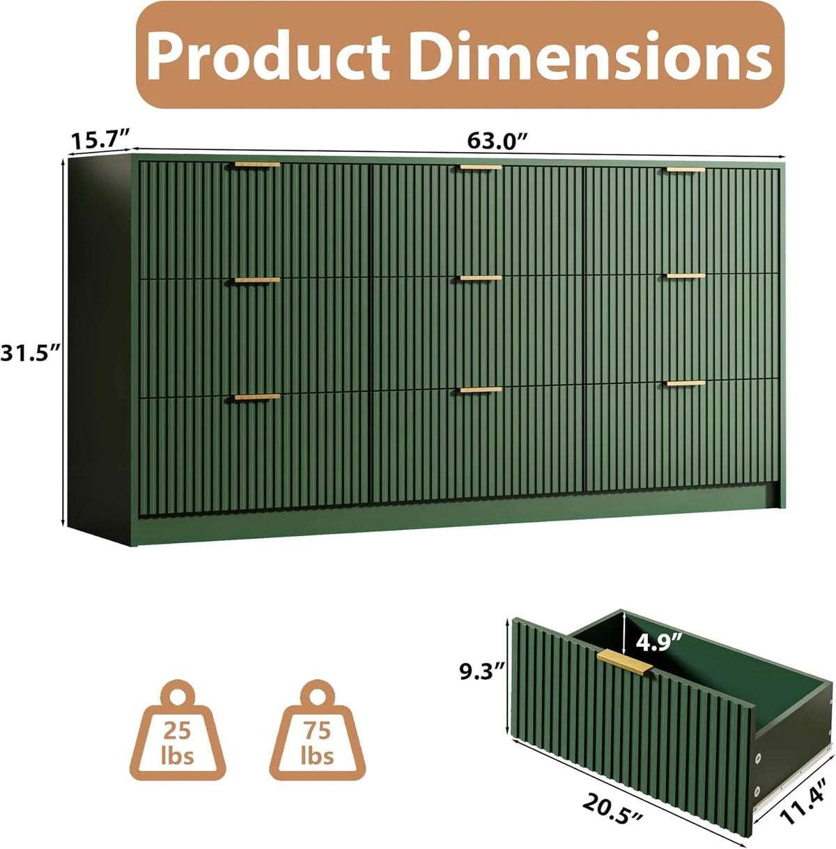 Furniway Fluted Large 9-Drawer Black Dresser