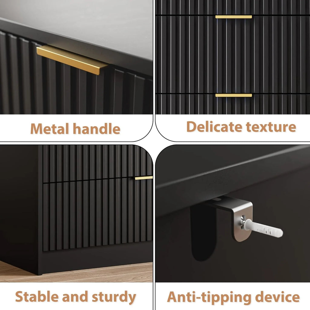 Furniway Fluted Large 9-Drawer Black Dresser