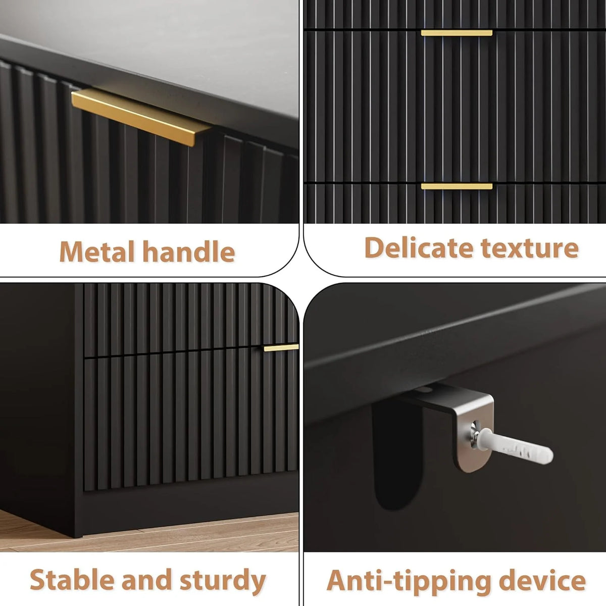 Furniway Fluted Large 9-Drawer Black Dresser