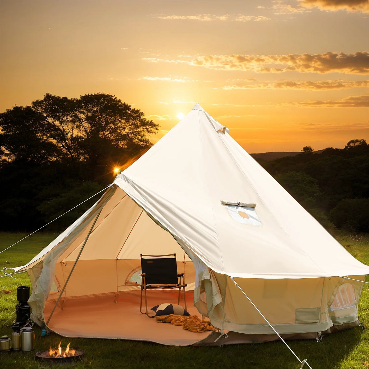 Canvas Bell Yurt Tent, 4-Seasons Shelter with Stove Jack & Waterproof, Luxury Camping Tent for Family Outdoor Adventures, 6-8 Person Use