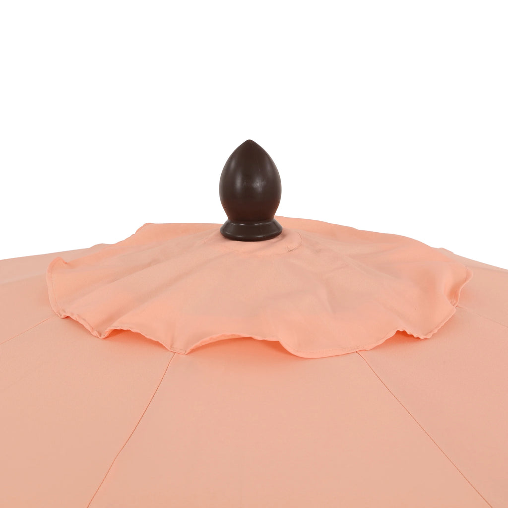 JONATHAN Y Tracy 9 ft. Market Patio Umbrella, Classic Mid-Century Scalloped Fringe, with Auto-Tilt Crank, Wind Vent and UV Protection, Coral Pink/White, Dark Brown Pole