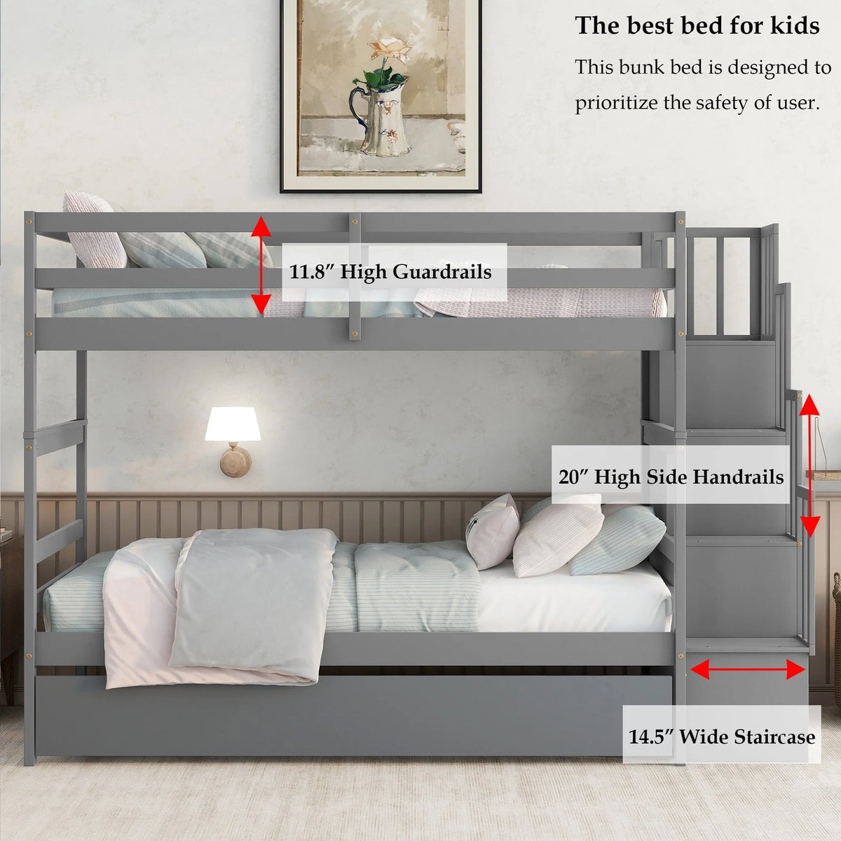 Bellemave Twin over Twin Stairway Bunk Bed with Trundle Wooden Bunk Bed Frame with Guardrails and Staircase, Twin Size Bunk Bed with Storage Stairs for Kids, Teens, Gray