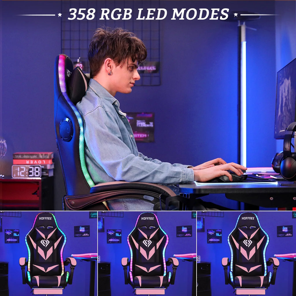 Hoffree Gaming Chair with Speakers PU Leather Office Chair with Footrest and LED Lights Ergonomic Gamer Chair with Massage Lumbar Support and Headrest Adjustable Swivel for Home Office 300lb