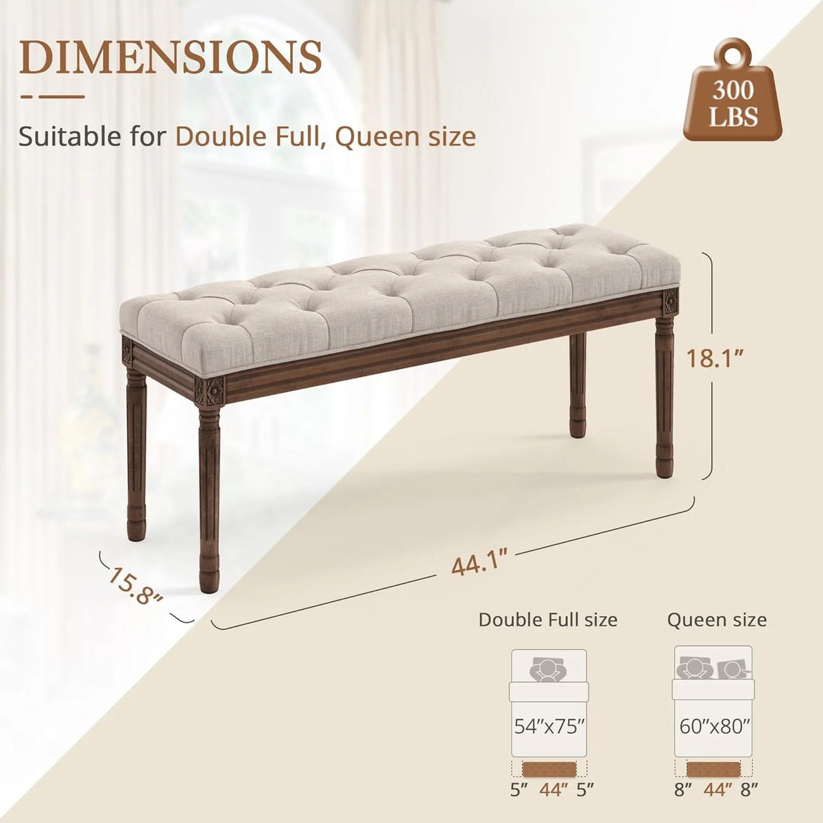 Dycanpo 44'' End of Bed Bench, Vintage Upholstered Bench for Entryway, Wheat