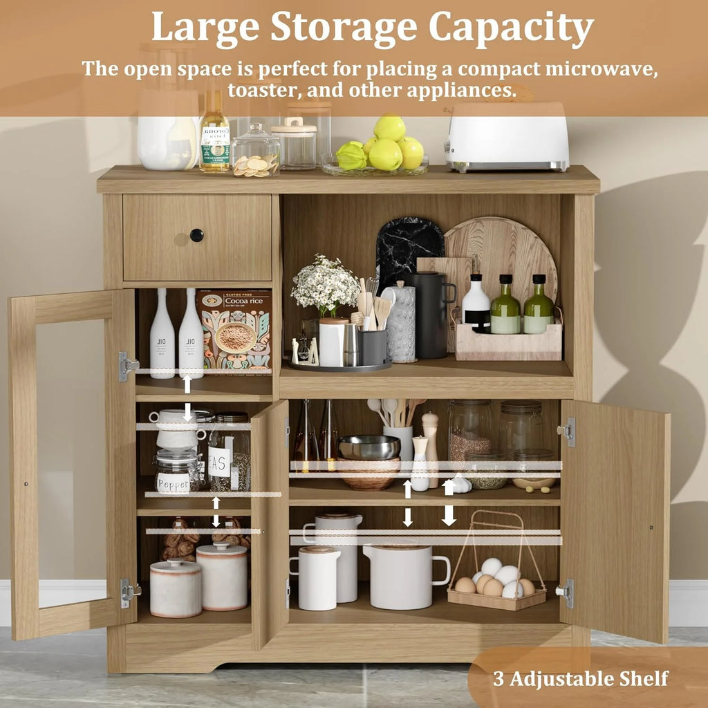 Kitchen Microwave Cabinet with Storage,Buffet Sideboard with 3 Doors, 1 Drawer & Adjustable Shelves, Pantry Storage Cabinet, White