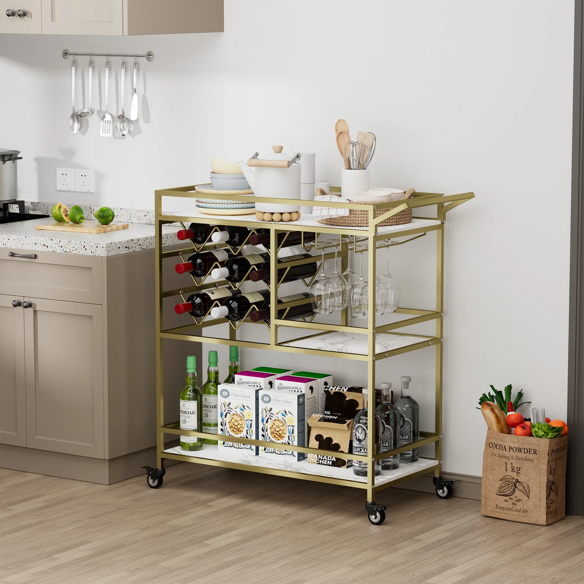 WHIFEA 3-Tier Home Bar Cart with Wine Rack, Mobile Serving Wine Cart on Wheels, Modern Rolling Drink Trolley for Coffee Tea Wine, Beverage Bar Table for Home Kitchen Party, Black