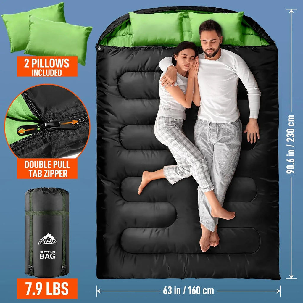 Double Sleeping Bag for Adults Mens with Pillow, XL Queen Size Two Person Sleeping Bag for All Season Camping Hiking Backpacking 2 Person Sleeping Bags for Cold Weather & Warm