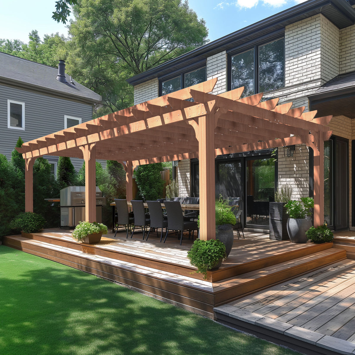 VEIKOUS 12'x10' Cedar Wood Pergola w/ Flat Roof and Ground Stakes for Outdoor Patio, Garden, Deck