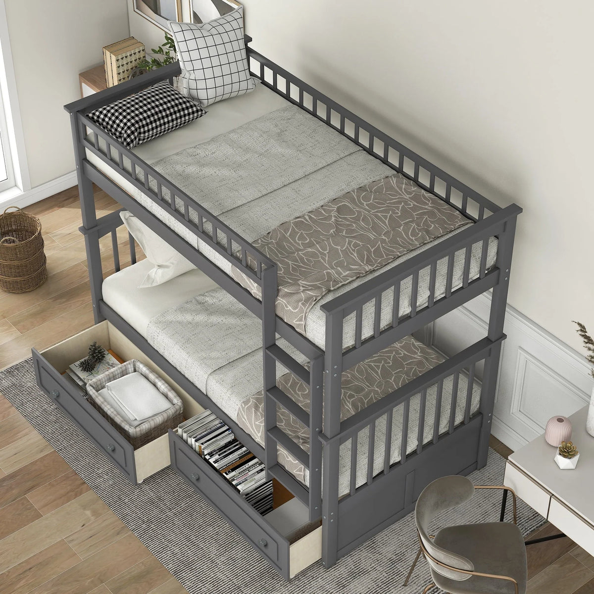 Euroco Pine Wood Bunk Bed with Storage 2 Drawers, Twin-over-Twin Bunk Bed with Safety Rail and Ladder for Kids, Conveted into 2 Single Beds, Sapce-Saving Design, Gray