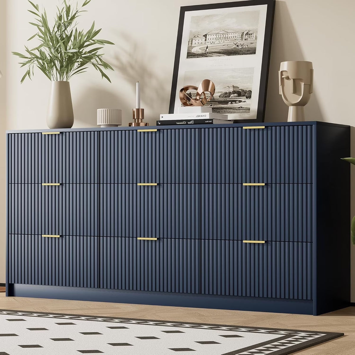 Furniway Fluted Large 9-Drawer Black Dresser