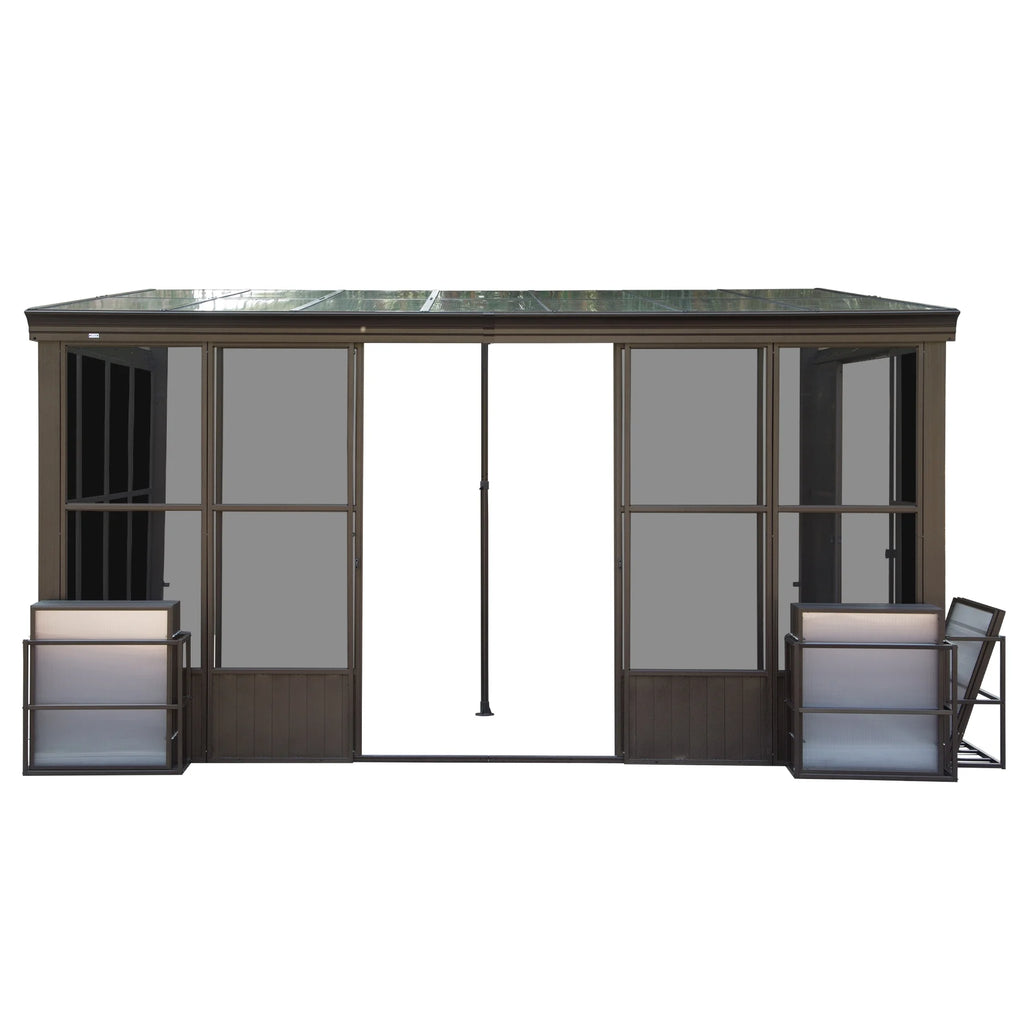 TOTAL Outdoor 10'x12' All-Season Sunroom Gazebo with Steel Roof, PVC Screen, Front & Side Door, Brown