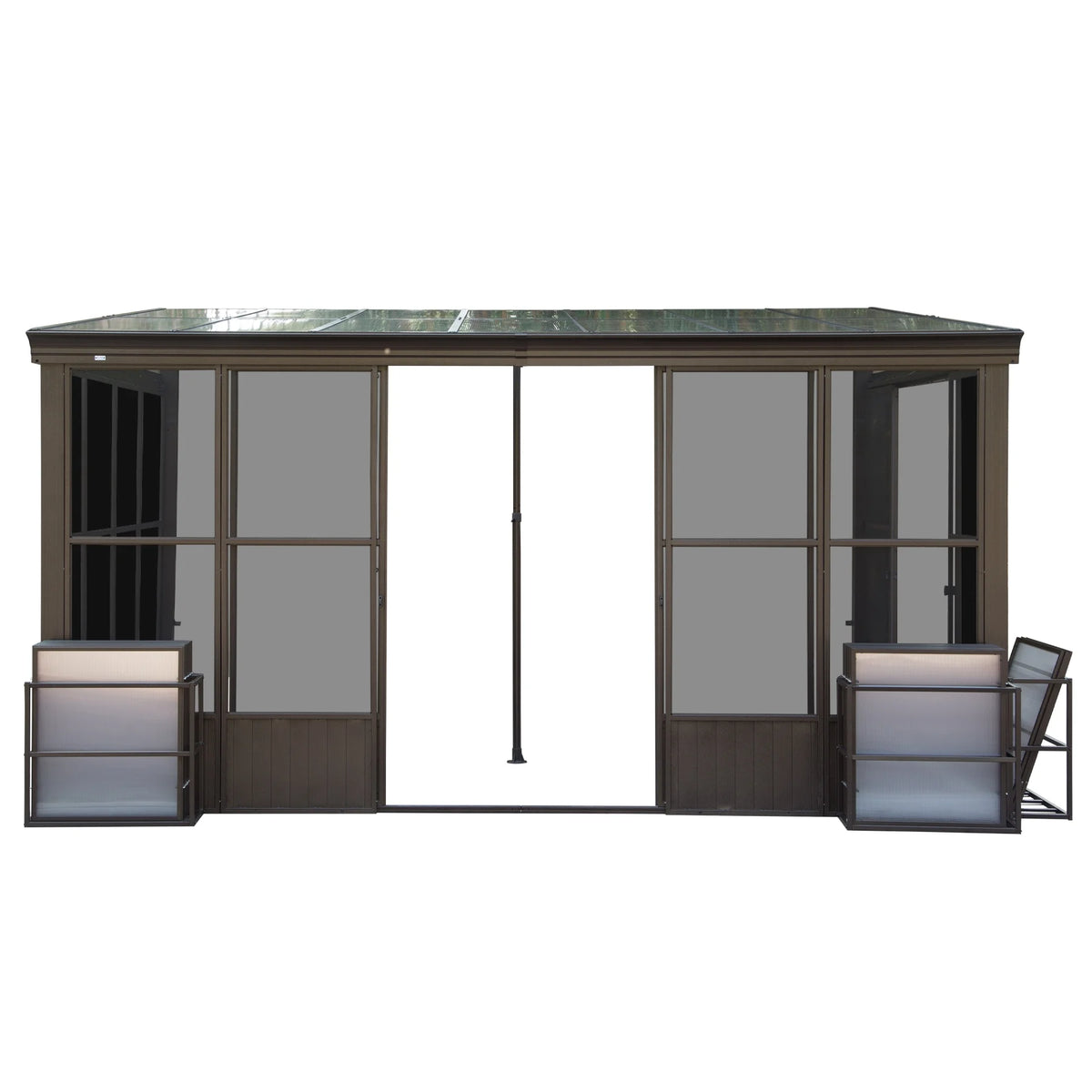 TOTAL Outdoor 10'x12' All-Season Sunroom Gazebo with Steel Roof, PVC Screen, Front & Side Door, Brown