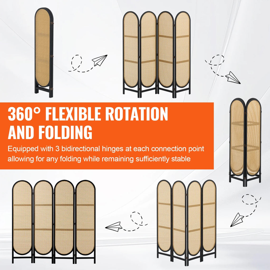 KFFKFF Quadruple Panel Space Separator, Artisan-Crafted Rattan Foldable Privacy Barriers with Connectors, Movable Space Partitions, Timber Independent Room Splitter for Sleeping Quarters, Cocoa