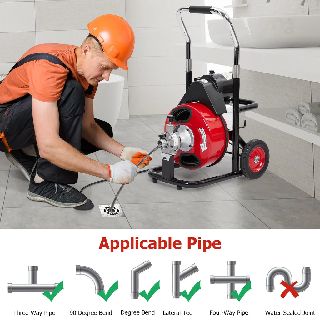 Electric Drain Cleaning Machine , Powerful Electric Auger, Sewer Snake with 4 Cutters, Air-Activated Foot Switch, and Wheels