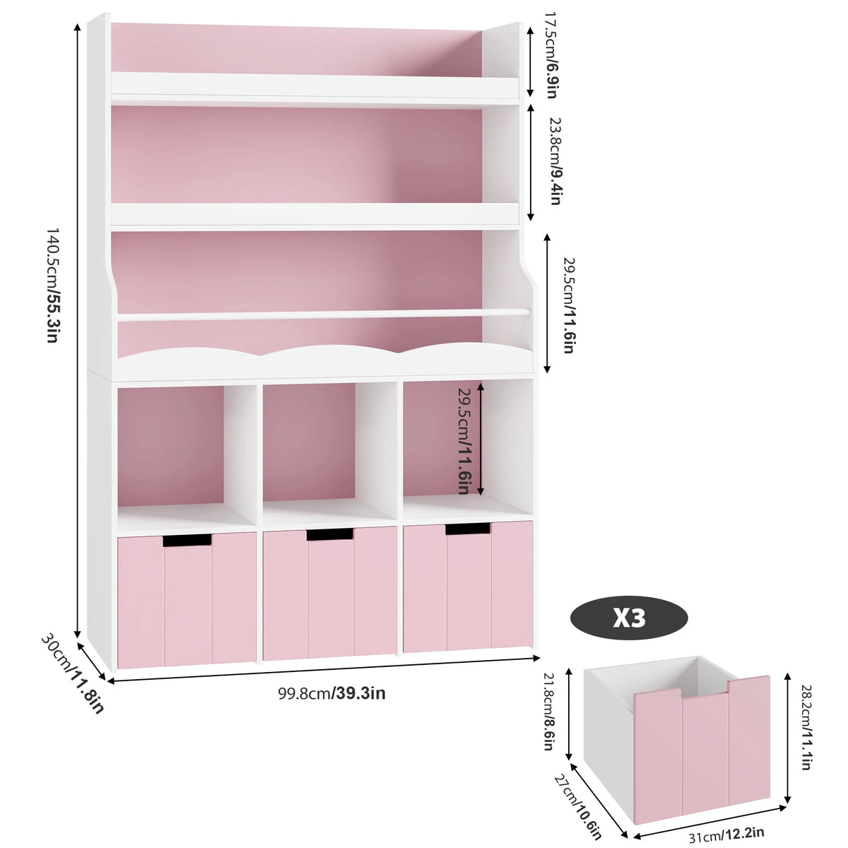 Homfa 55.5 H Kids Bookshelf with 2-Tier Book Shelves, Children Toy Organizer with 3 Cubes and Removable Drawers, White