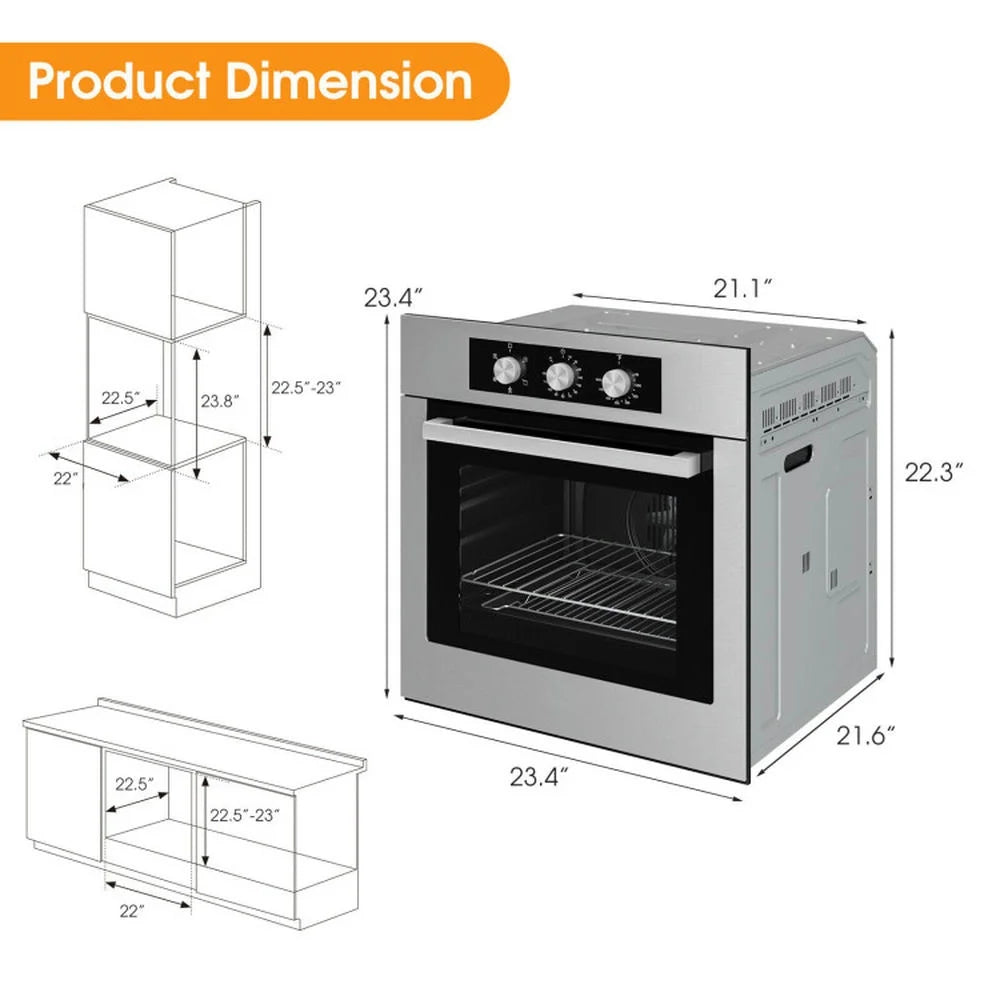 Canddidliike 24 Inch Single Wall Oven 2.47Cu.ft with 5 Cooking Modes and 360 Hot Air Circulation, Single Wall Oven, Well-made Built-in Oven with 3-layer Tempered Glass for Indoor, Silver