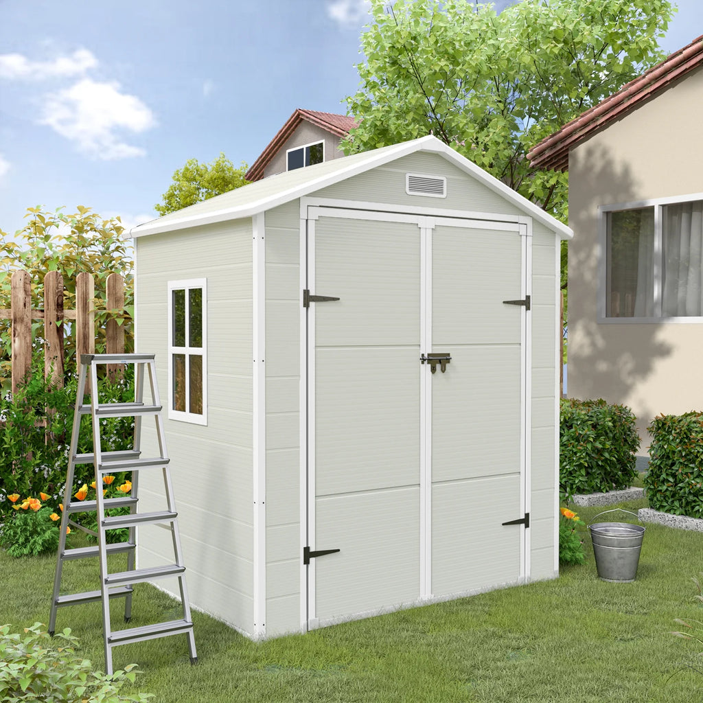 ECOPATIO Outdoor Storage Shed 5x3 FT, Resin Garden Shed for Bike, Tool, Plastic Outside Sheds & Outdoor Storage Storage Box with Lockable Door for Backyard, Patio, Lawn, Sandstone