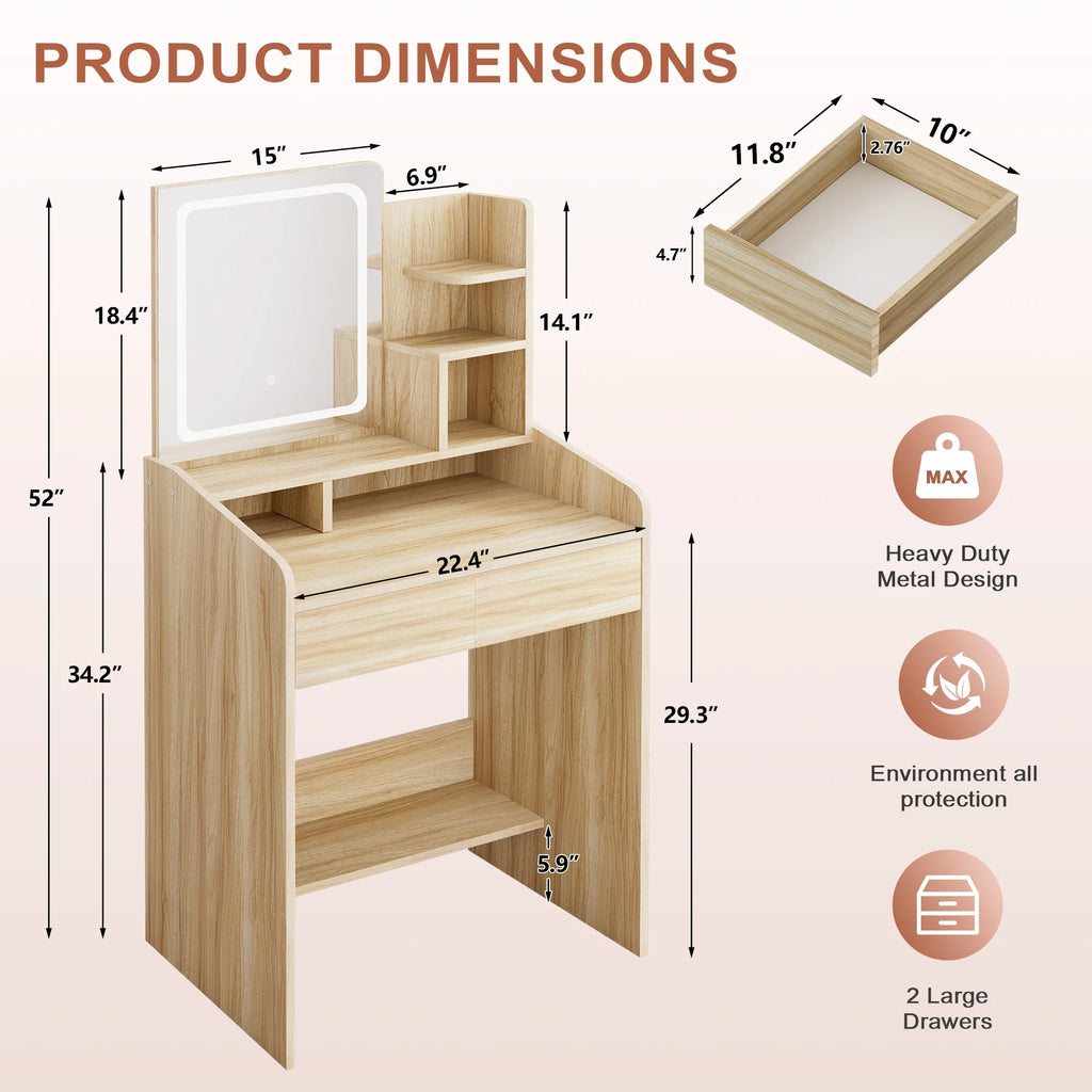 LIVELYGLOW Vanity Desk Set with Square Mirror and Light- Small Vanity Table with Drawers- White