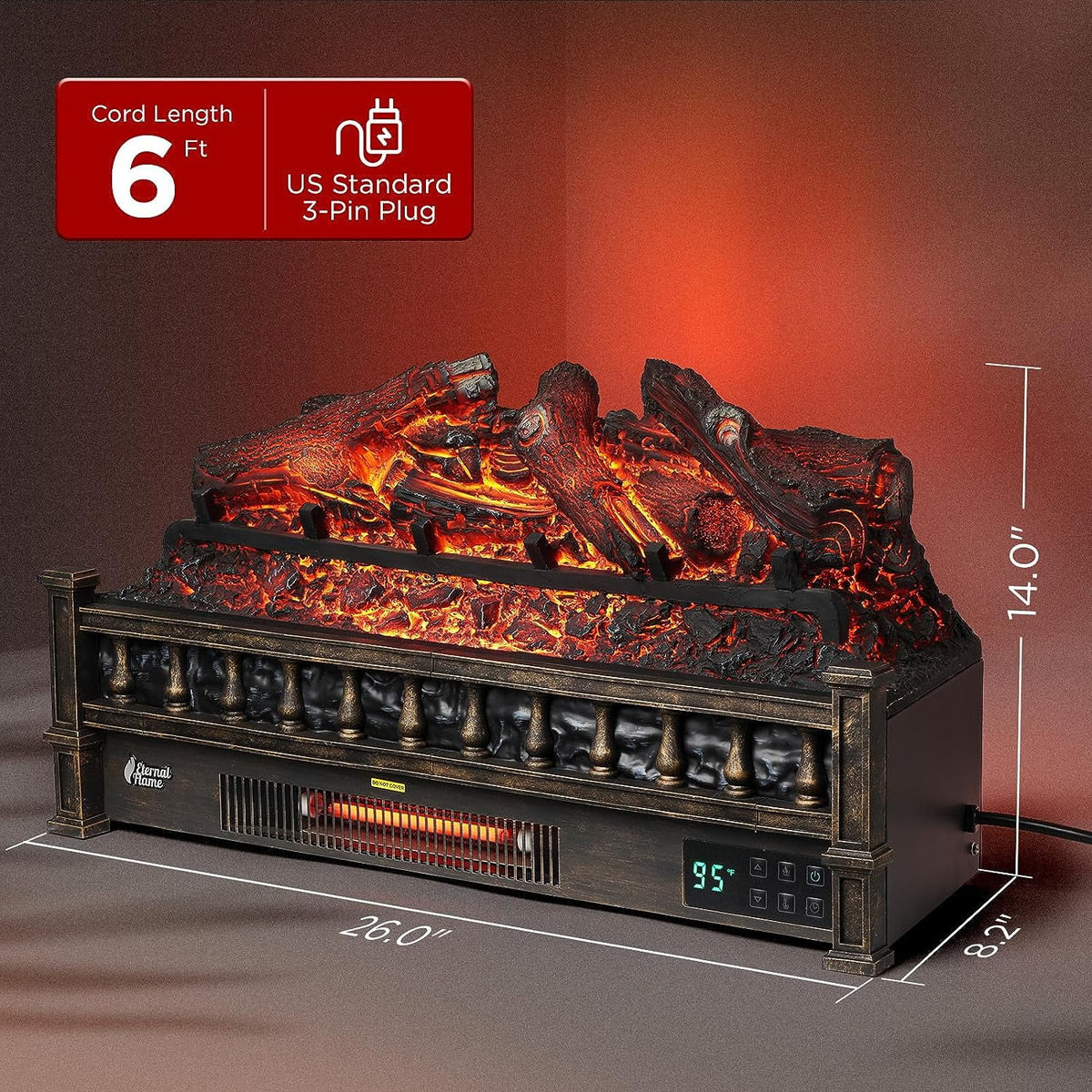 TURBRO Eternal Flame 26 in. WiFi Infrared Quartz Electric Fireplace Log Heater with Sound Crackling, Realistic Pinewood Logs, Adjustable Flame Colors, Remote Control, Thermostat, Timer, 1500W Bronze