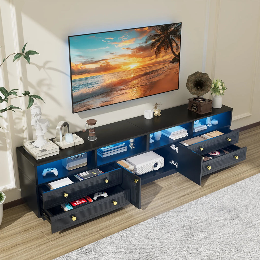 Planntonneo Mid-Century Modern Fluted TV Stand Wooden Media Console Entertainment Center for Living Room, Walnut Color
