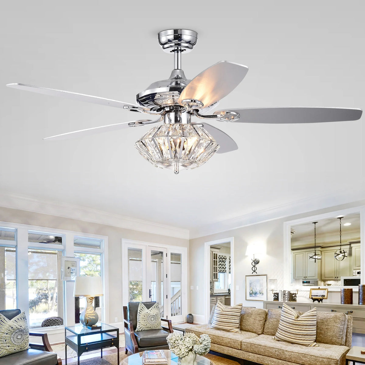 Walter Dual Lamp Chrome 52-inch Lighted Ceiling Fan w Crystal Shades (includes Remote and Light Kit)