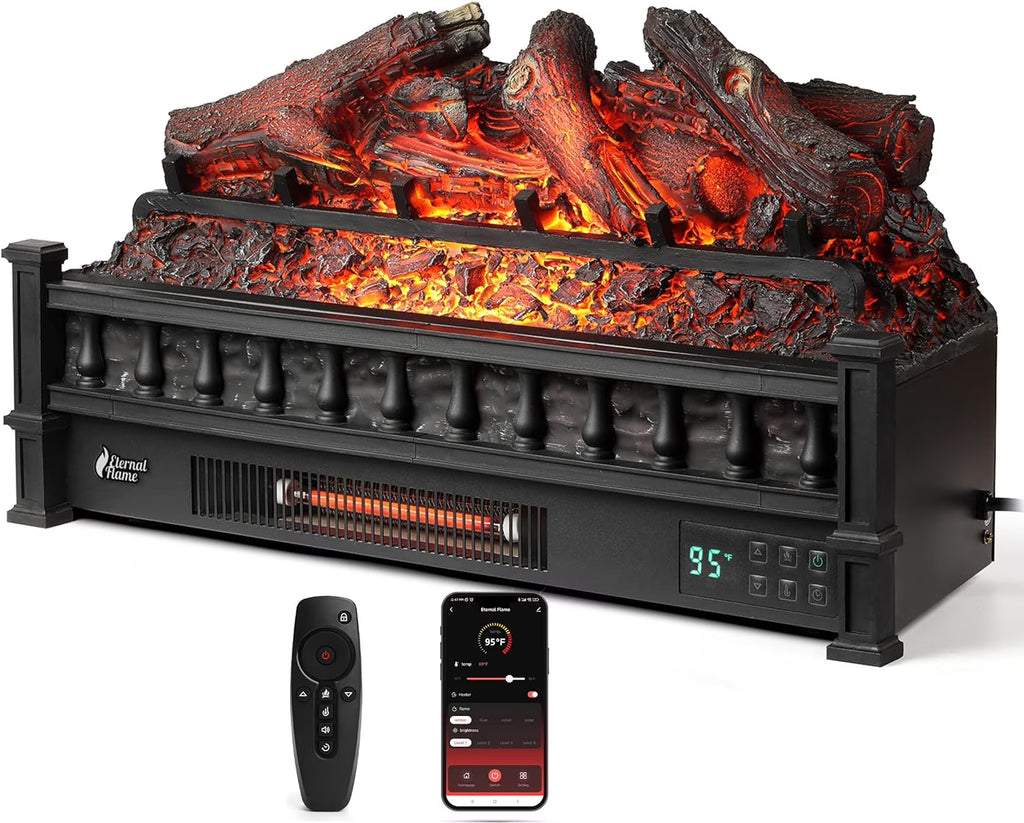 TURBRO Eternal Flame 26 in. WiFi Infrared Quartz Electric Fireplace Log Heater with Sound Crackling, Realistic Pinewood Logs, Adjustable Flame Colors, Remote Control, Thermostat, Timer, 1500W Bronze