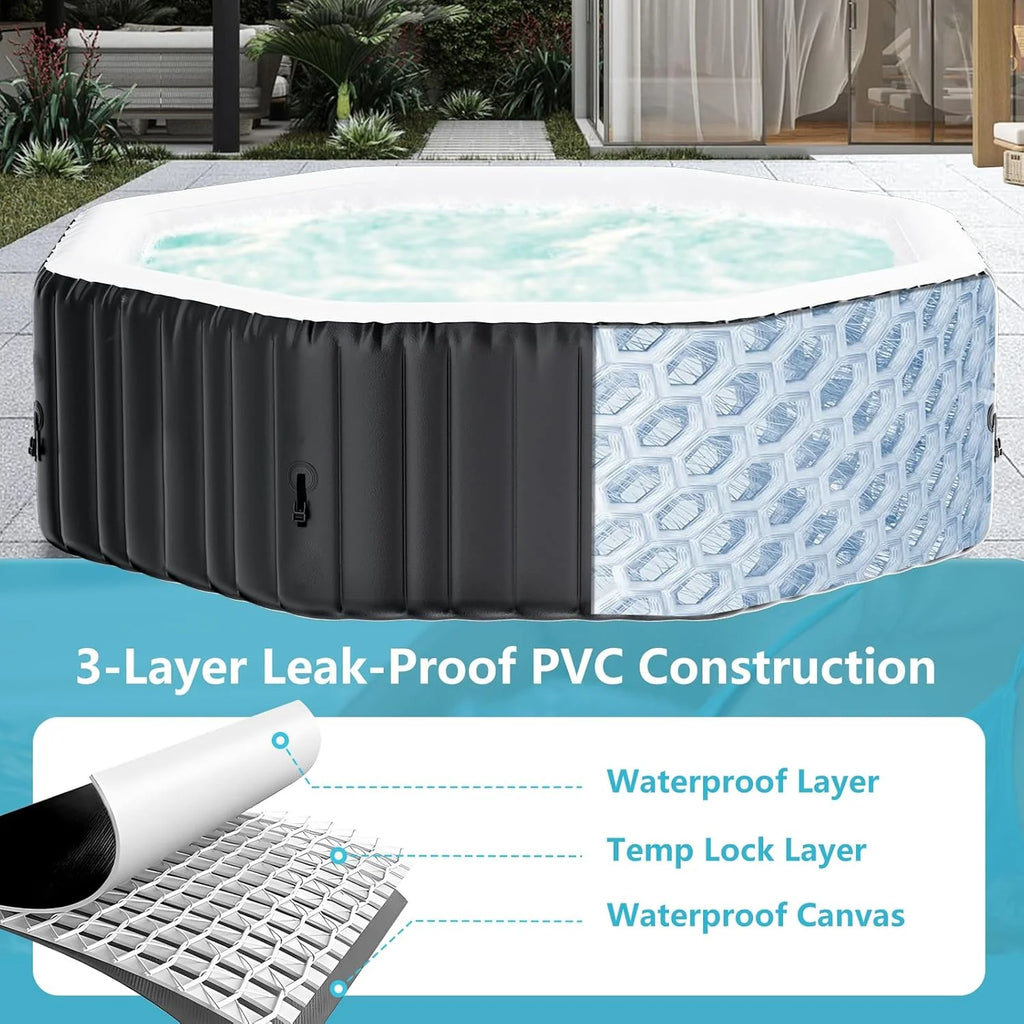 4-6 Person Inflatable Hot Tub, Large Polygon Portable Blow up Hot Tub, Leak-Proof PVC Outdoor Spa with 130 Air Jets, Insulated Cover and Heater Pump, 77 X 77 X 25