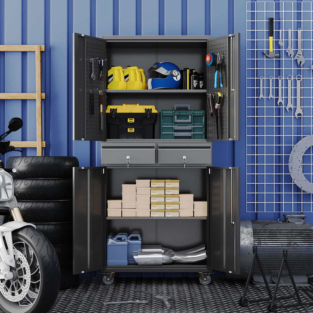 GangMei 71 Inches Tall Metal Garage Storage Cabinets with 5 Adjustable Shelves & Pegboards, Lockable Steel Black Storage Cabinet with Doors for Office, Home, School, Shops, Garage, Assembly required