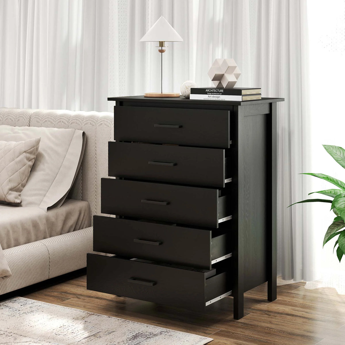 Costway Modern 5 Drawer Chest Storage Dresser Cabinet with Metal Handles Gray Oak
