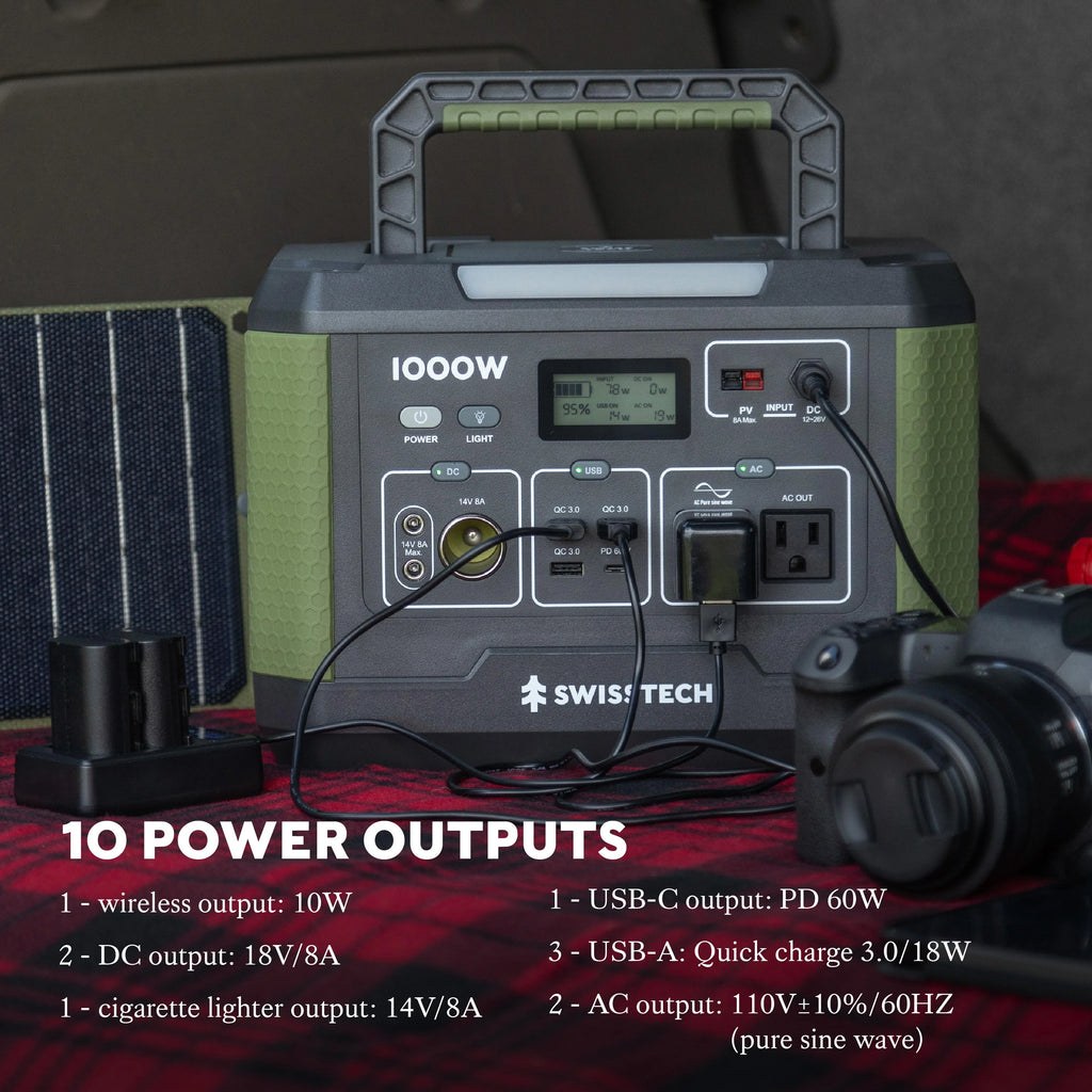 Swiss Tech 1000W portable power station 999Wh solar generator for camping & emergency use