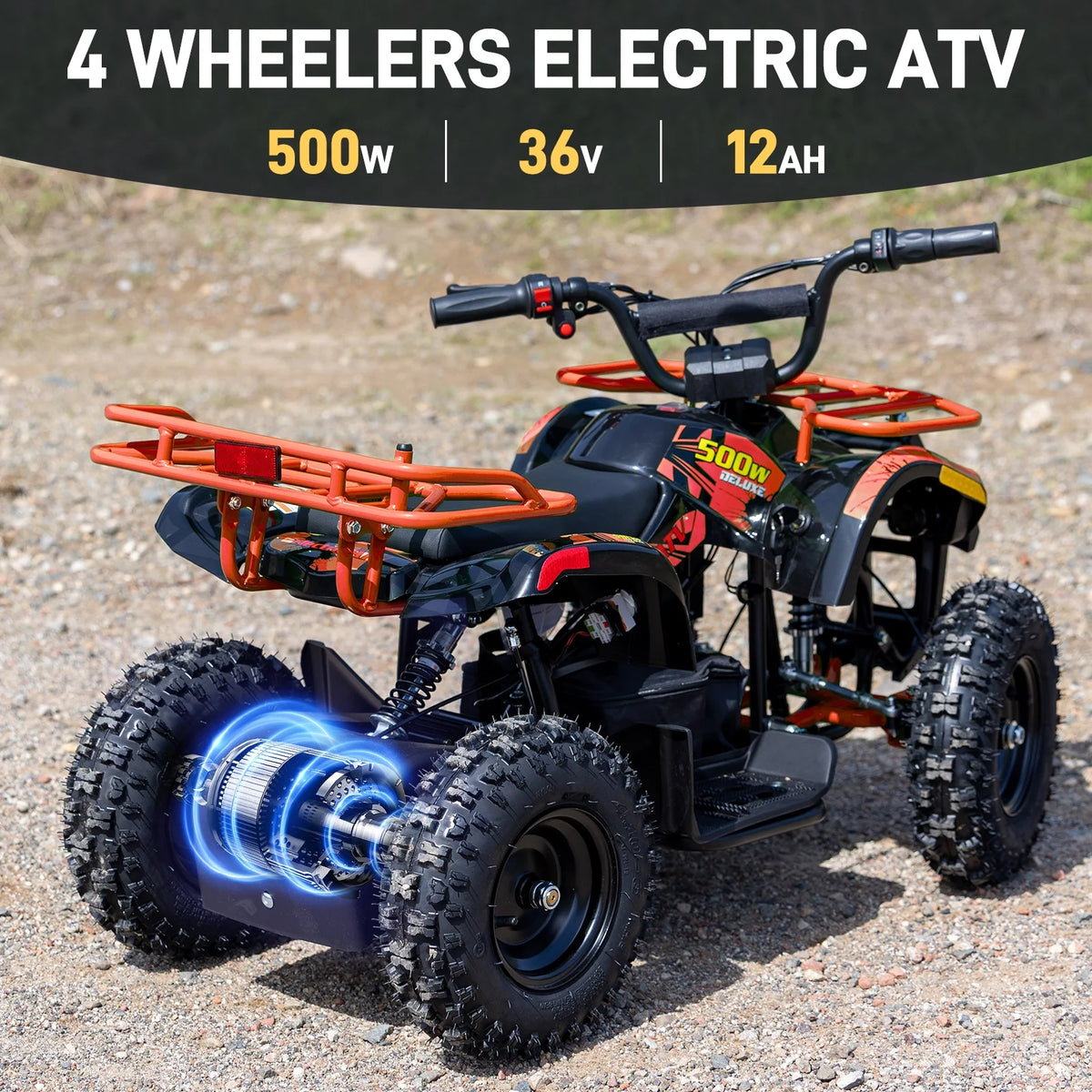 Aoemoe 500W 36V Battery-Powered Ride-On Off-Road 4-Wheeler 15 Mile Range, Flame
