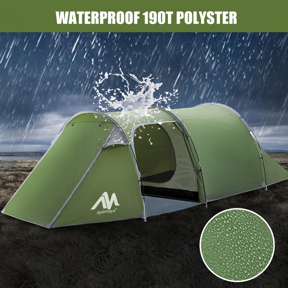 ASTRAEA 4 Person Tents for Camping, Waterproof Camping Tunnel Tent with 2 Divided Rooms for Bikepacking Motorcycle Travel Hiking Mountaineering, Green