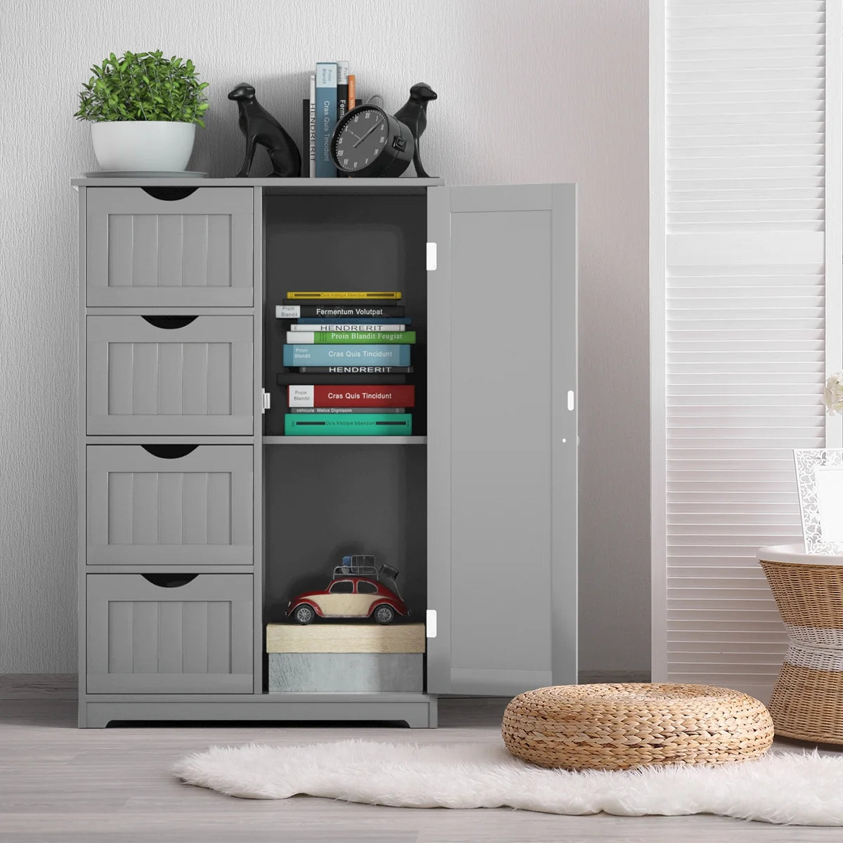 Bathroom Storage Wooden 4 Drawer Cabinet Cupboard 2 Shelves Free Standing White