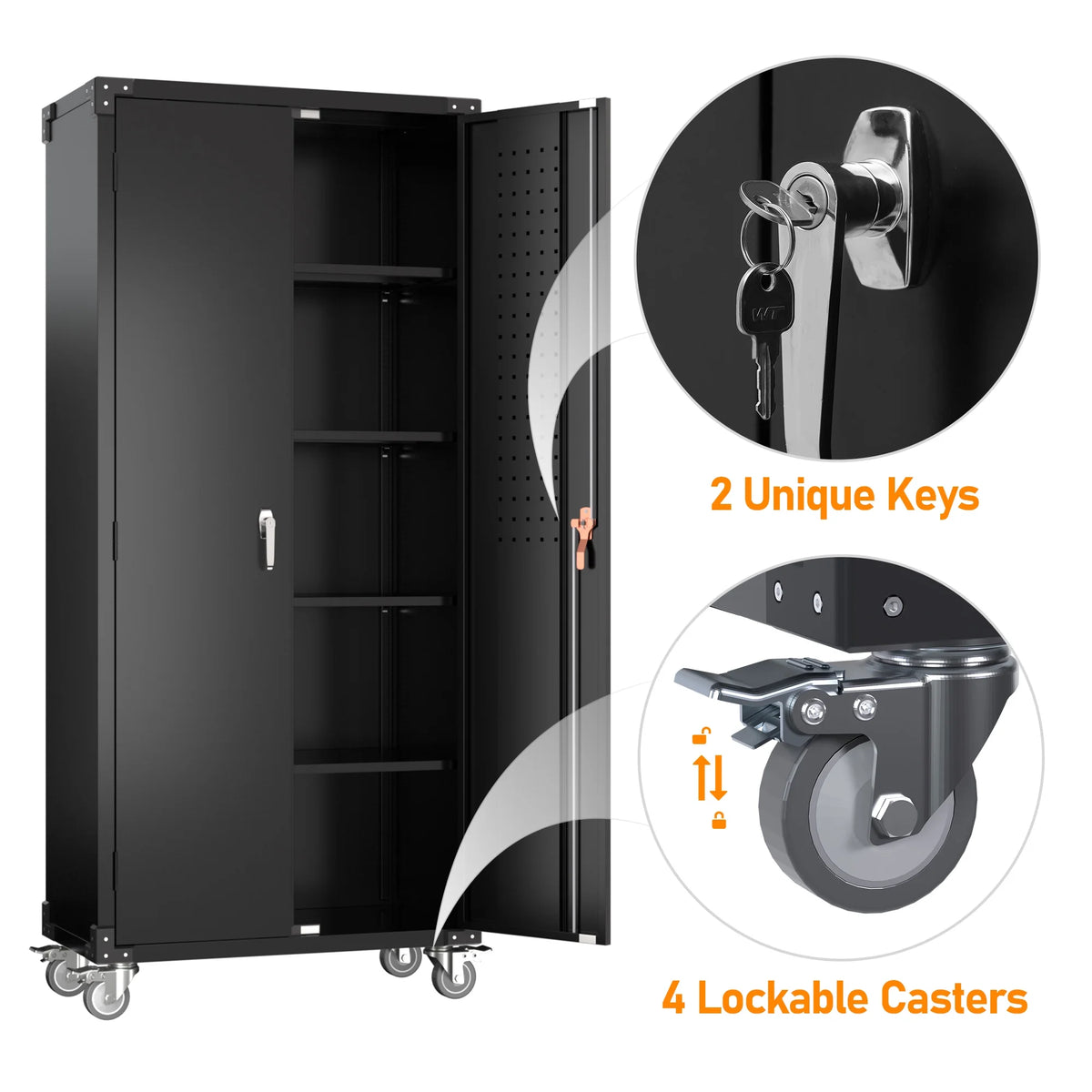 GangMei 71 Inches Tall Metal Garage Storage Cabinets with 5 Adjustable Shelves & Pegboards, Lockable Steel Black Storage Cabinet with Doors for Office, Home, School, Shops, Garage, Assembly required