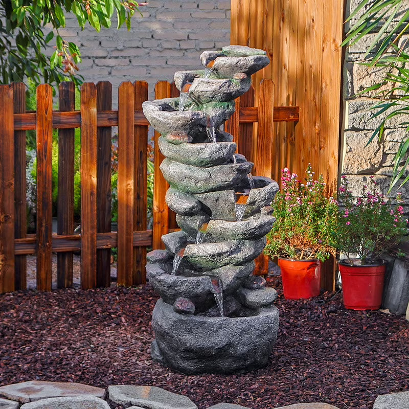 10-Tier Rock Waterfall Fountain 39.76" Cascading LED Feature for Garden & Patio