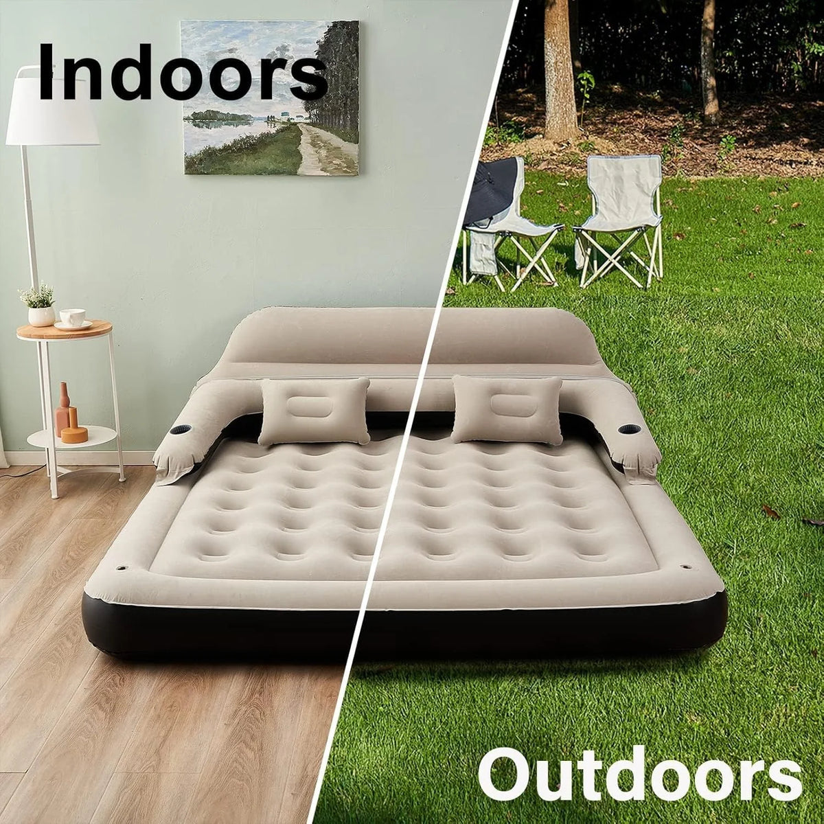 Queen Size Air Mattress Sofa Bed with Headboard and Pillow, Inflatable Bed for Outdoor Overnight