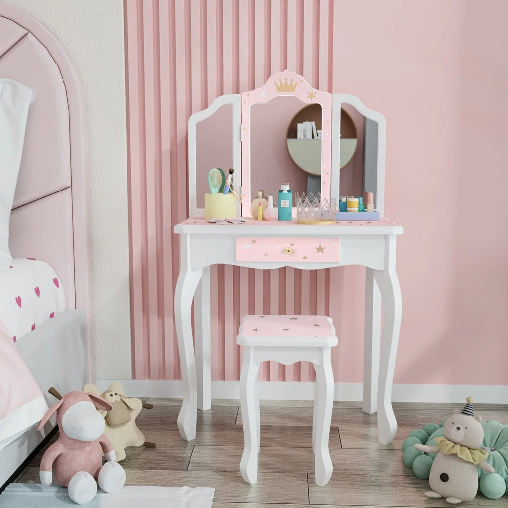JOYMOR Kids Vanity Table and Stool for Makeup Dressing with Mirrors Drawers, White
