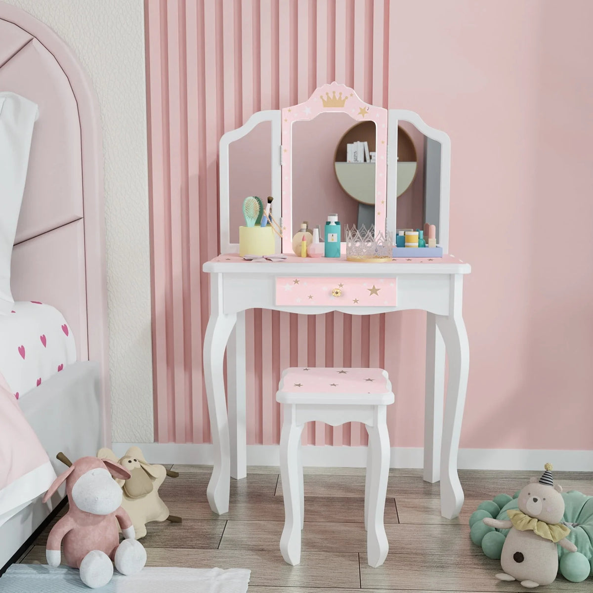 JOYMOR Kids Vanity Table and Stool for Makeup Dressing with Mirrors Drawers, White