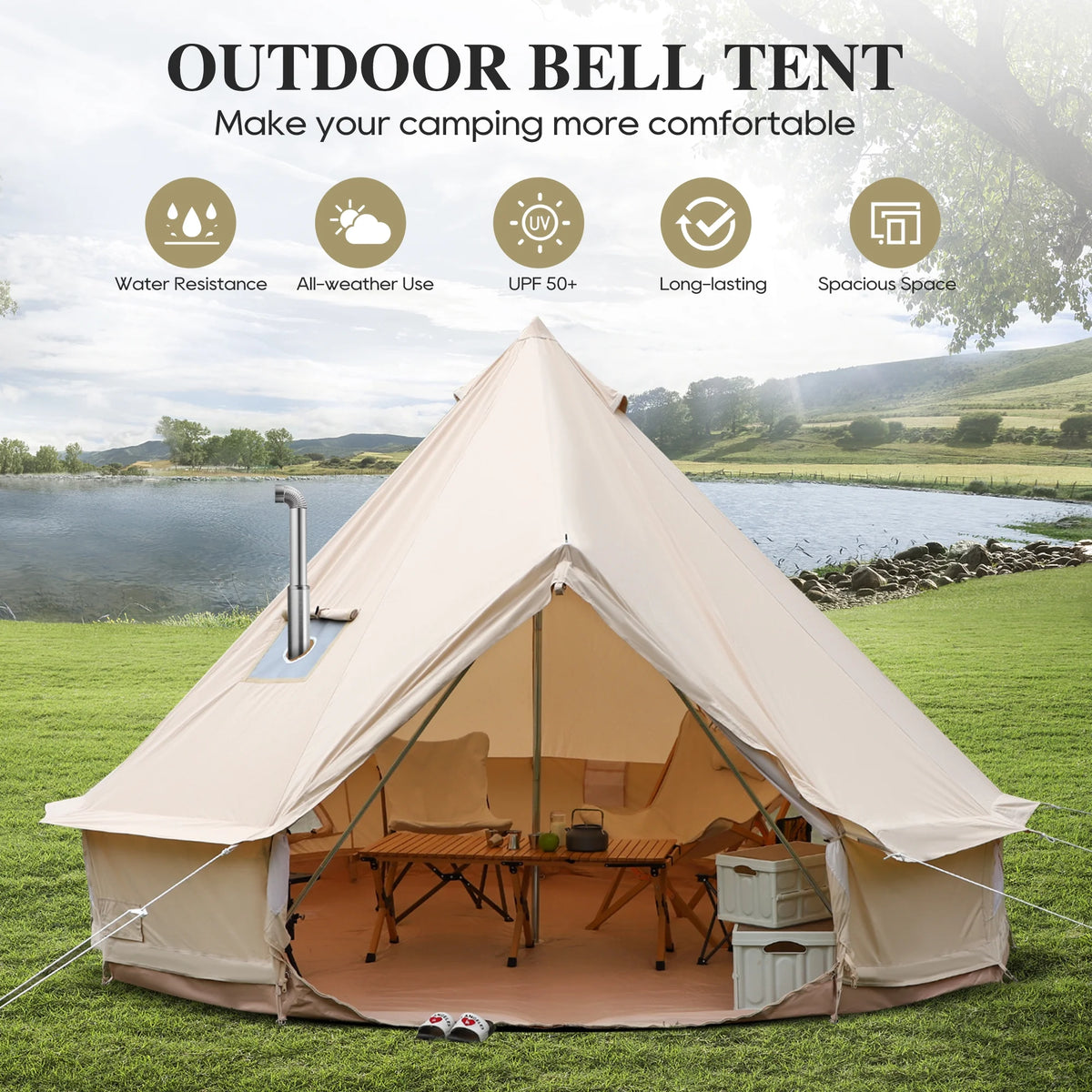 LVUYOYO Bell Tent for Camping, Cotton Canvas Bell Tent with Stove Jack, Outdoor Canvas Bell Tent for Family Glamping Camping, 4 Season Tent with Zipped Removable Floor,5M,Green