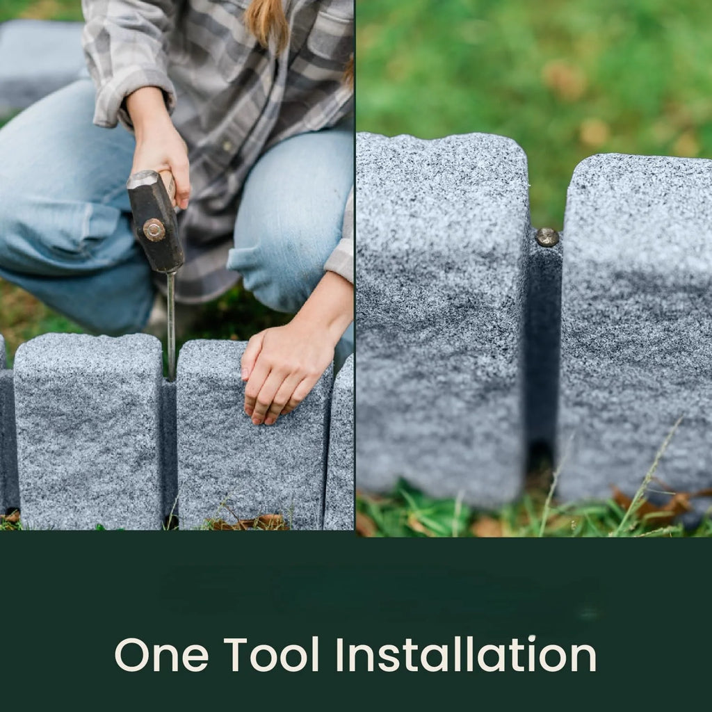 Beuta Landscape Edging | Garden Edging Border | Faux Stone Block XL for Lawn Edging, Flower Beds & Yard Edging 1 Pack | Each Section Has 6 Blocks 48" L x 4" W x 9.5" H | 3 Spikes | Sandstone
