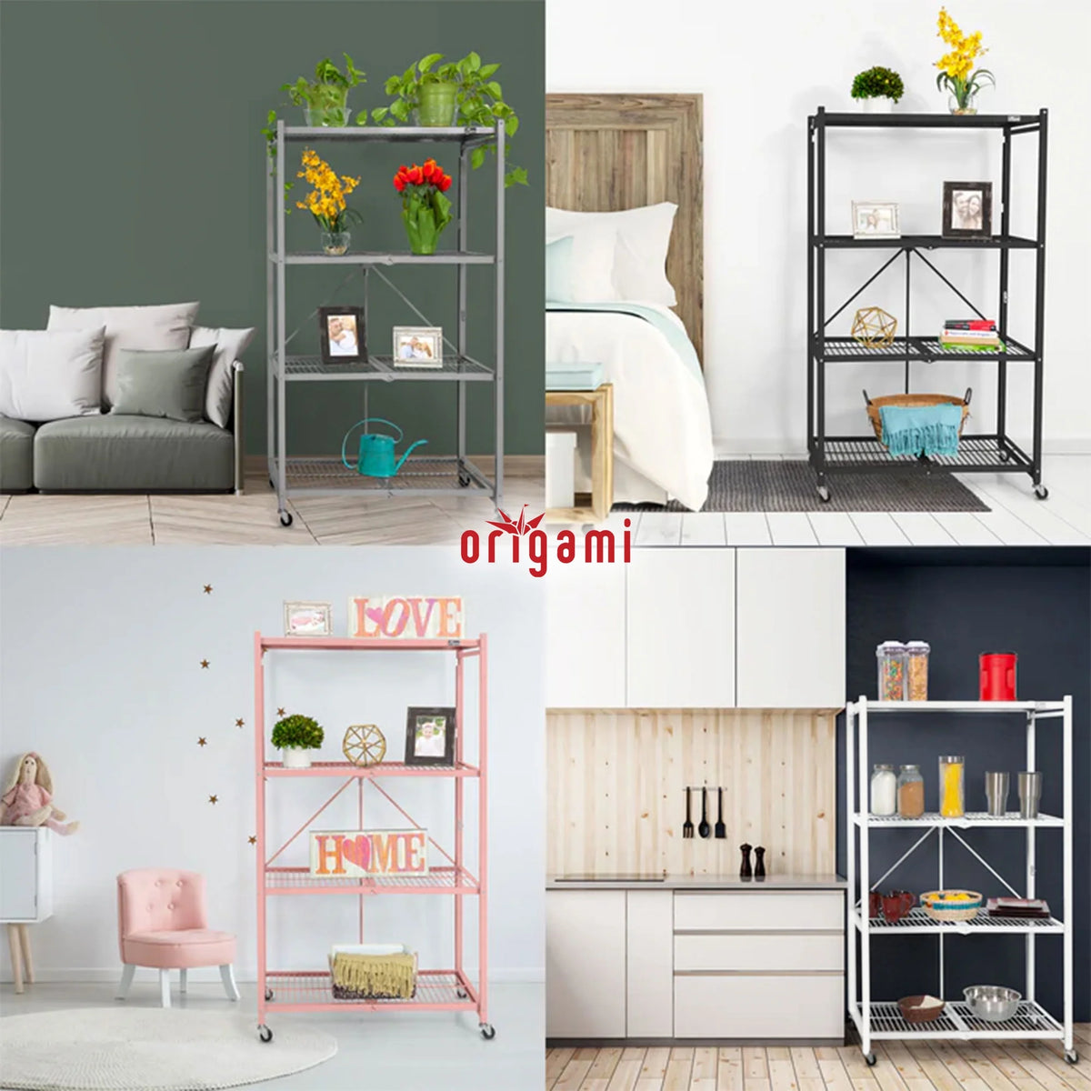Origami 2-Pack R5 Series Heavy-Duty 4-Tier Foldable Steel Shelf, Pewter