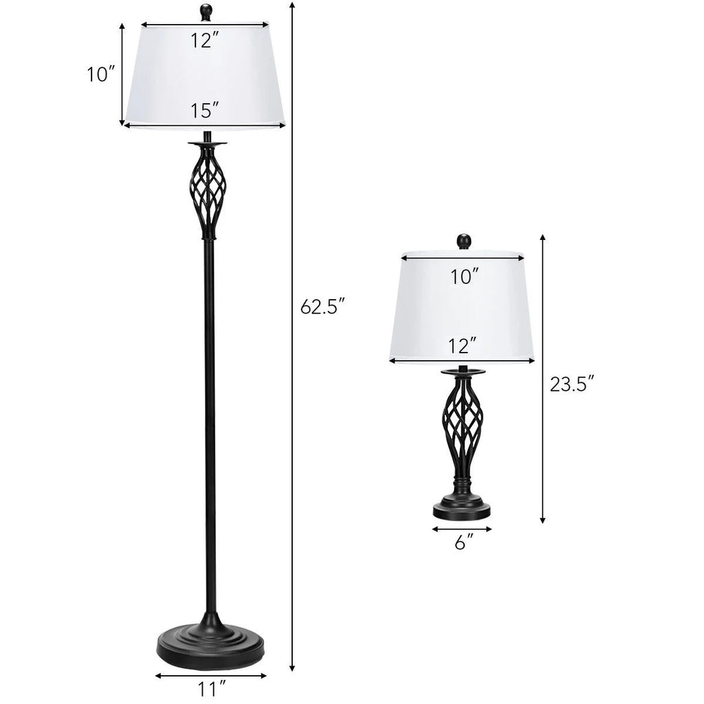Gymax 3-Piece Lamp Set 2 Table Lamps 1 Floor Lamp Fabric Shades Living Room Bedroom
