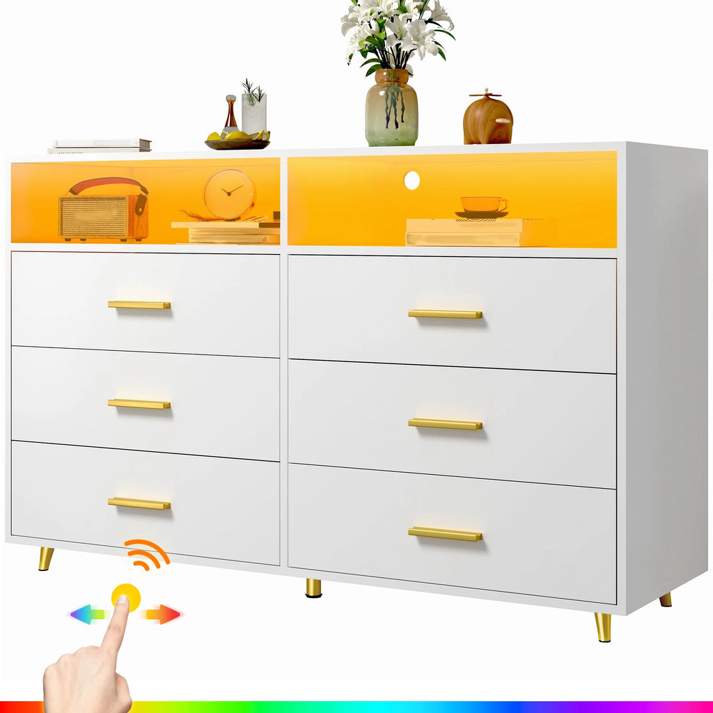 EnHomee Dresser with LED Lights Drawer Dresser with 6 Deep Drawers Wood Dresser for Bedroom TV Stand Dressers & Chests of Drawers Wide Led Dressers,Black