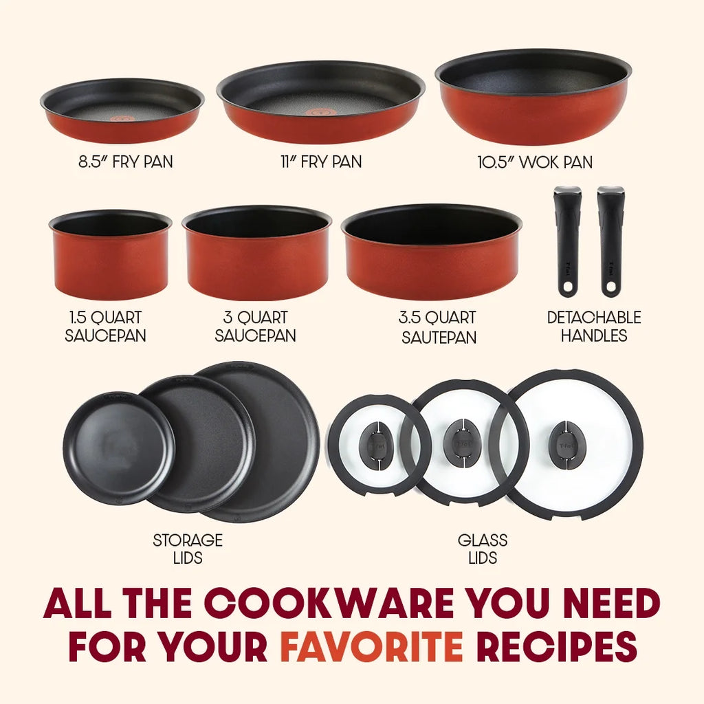 T-fal Ingenio Expertise Nonstick 14-Piece Cookware Set, Induction Oven Safe up to 500F, Detachable Handle, Onyx Black