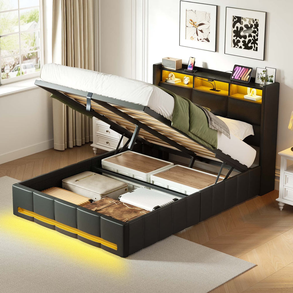 Greenstell Twin Size Lift up Hydraulic Platform Storage Bed Frame with Led Light & Charging Station, Fabric Channel Wingback Headboard, Dark Gray