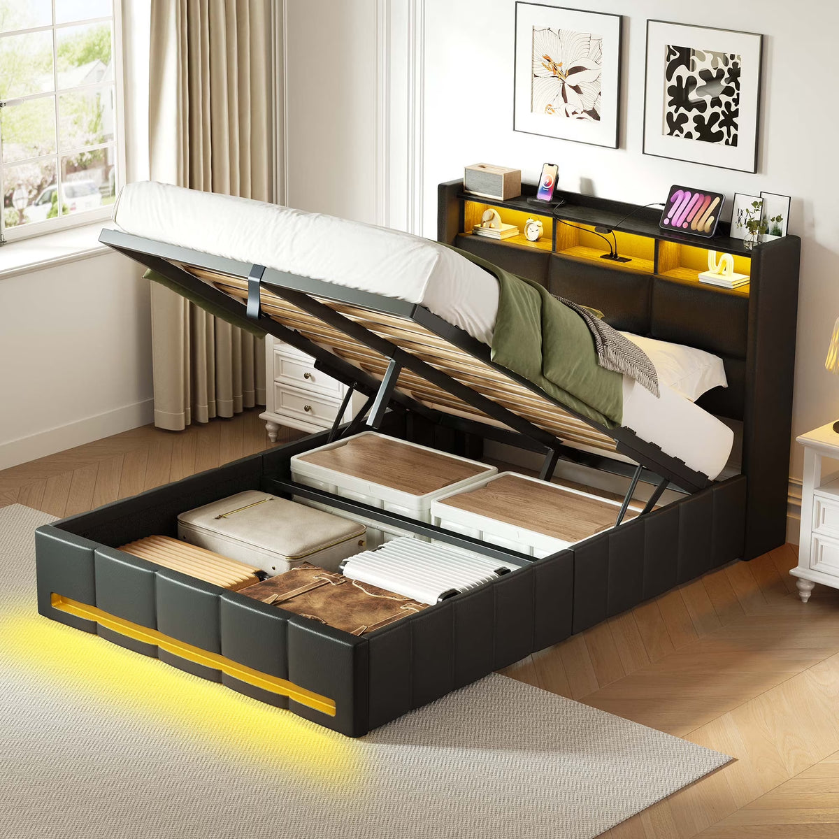 Greenstell Twin Size Lift up Hydraulic Platform Storage Bed Frame with Led Light & Charging Station, Fabric Channel Wingback Headboard, Dark Gray
