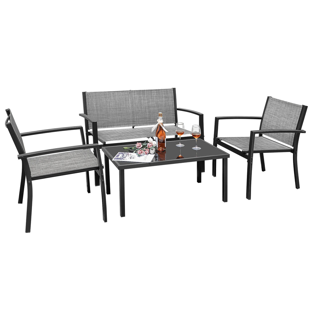 LACOO 4 Pieces Outdoor Furniture Set Patio Textilene Steel Conversation Set with Loveseat Tea Table for Lawn and Balcony, Black