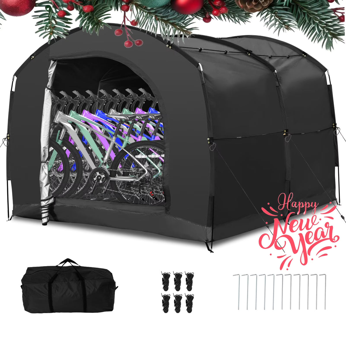 NAIZEA Large Bike Storage Tent, 47" Depth Storage for 6 Bikes Waterproof Outdoor Bicycle Cover, Lawn Mower Garden Tools Shed, Backyard Storage Room Tent Shelter W/Fixing Peg & Rop